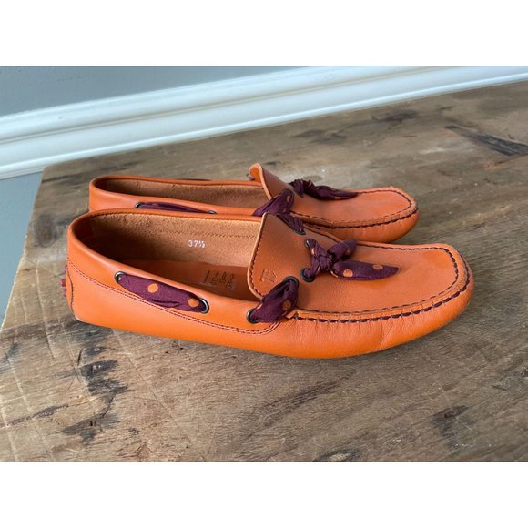 TOD'S Orange Leather Polka Dot Ribbon Driving Shoe - Picture 9 of 11